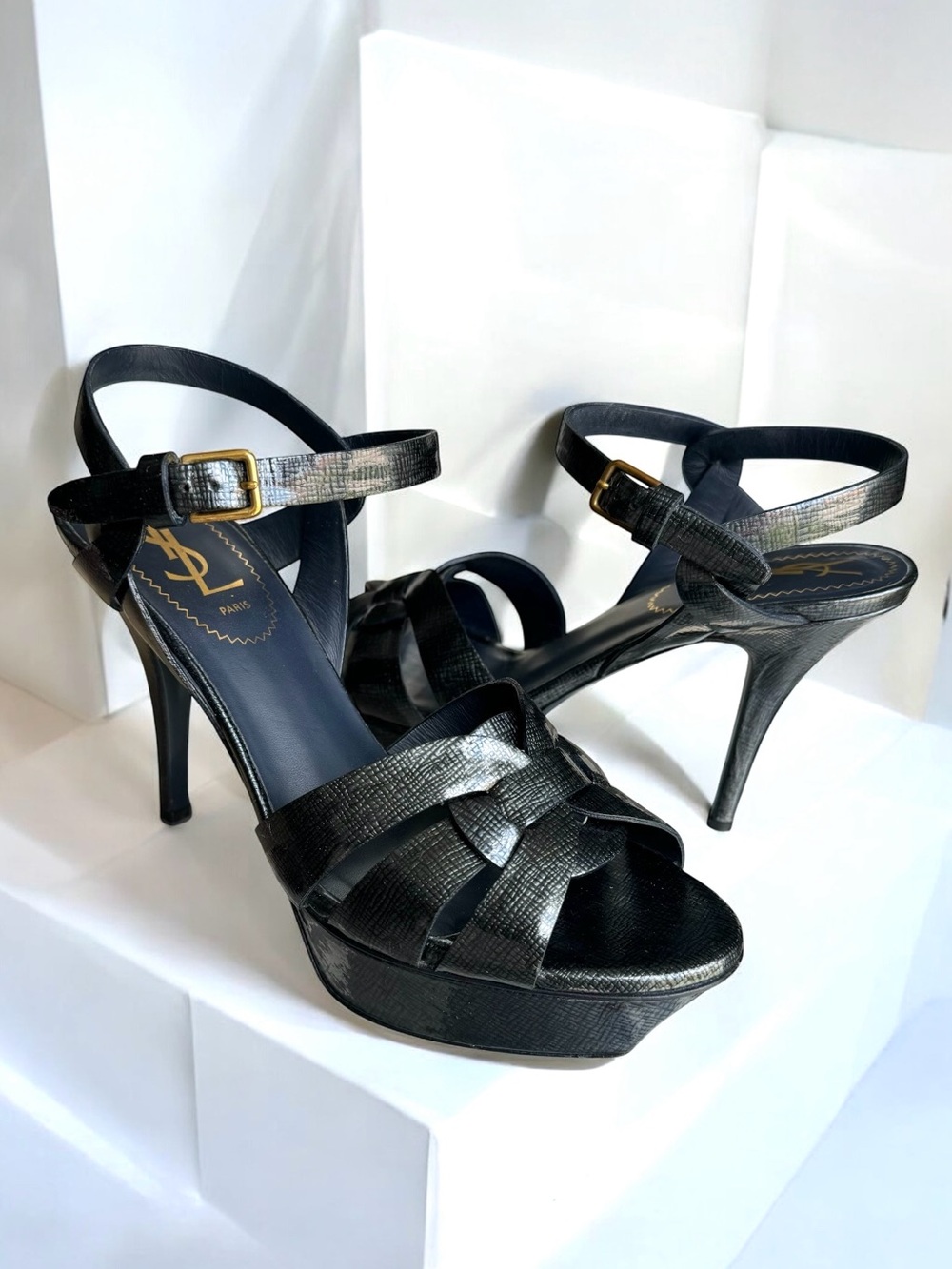 YSL Saint Laurent Tribute Patent Metallic Platform Sandals